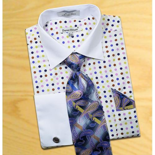 Daniel Ellissa White / Blue / Olive / Purple Polka Dots Shirt / Tie / Hanky Set With Free Cufflinks DS3769P2